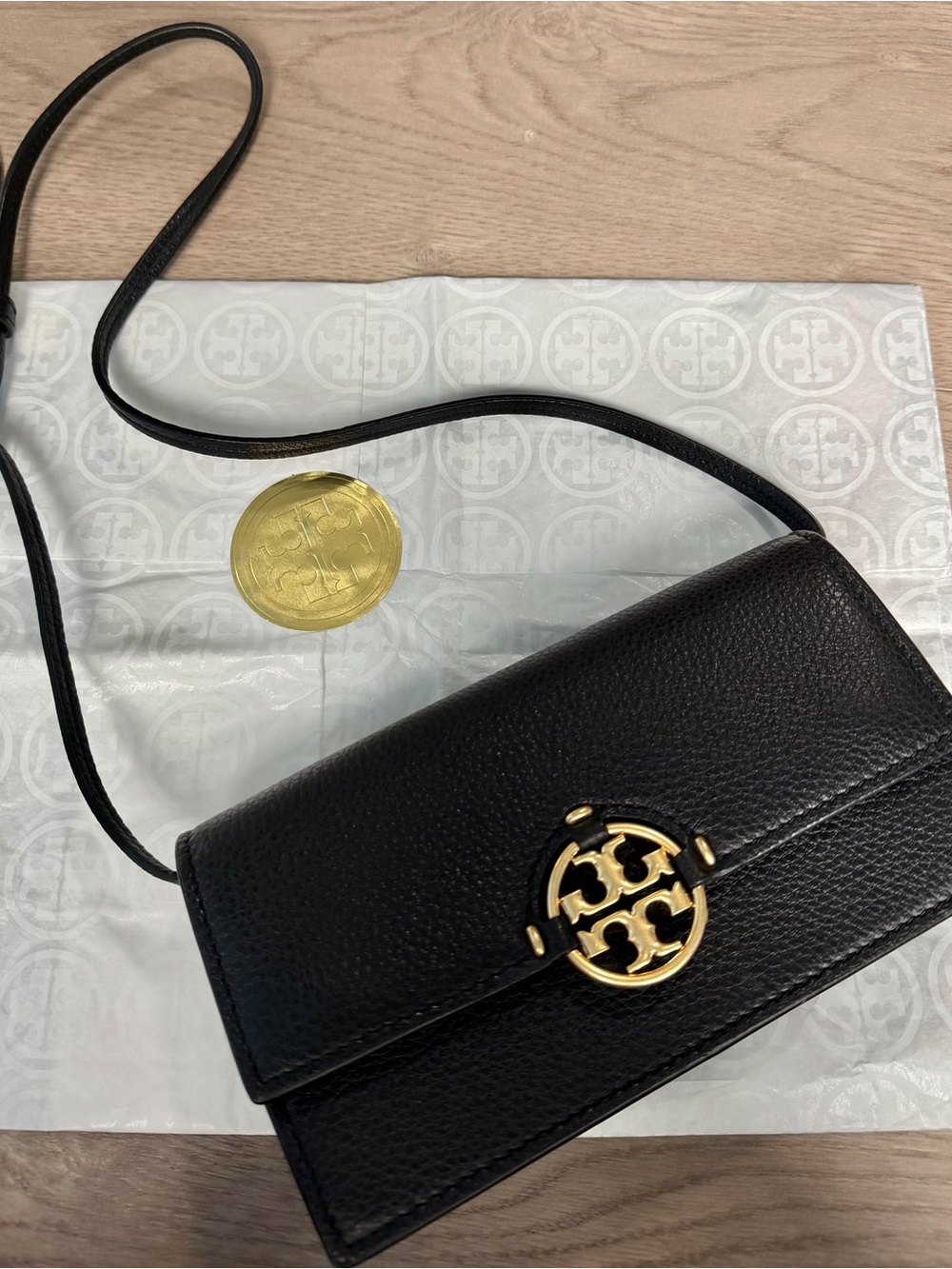 Tory Burch Black Pebbled Leather Crossbody with Gold Logo